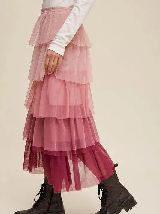 Twirl Through Life Gradient Tiered Mesh Maxi Skirt