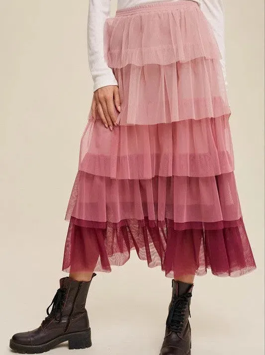 Twirl Through Life Gradient Tiered Mesh Maxi Skirt