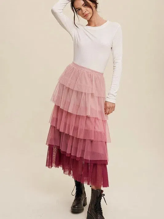 Twirl Through Life Gradient Tiered Mesh Maxi Skirt