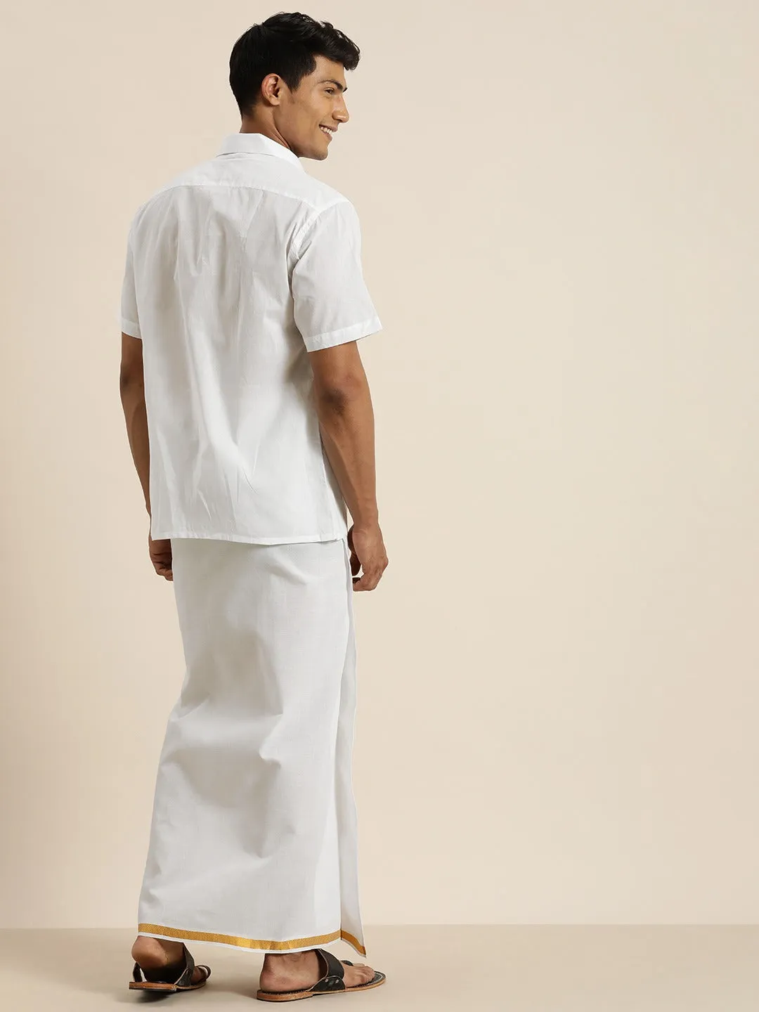 VASTRAMAY Men's White Cotton Shirt With Mundu Set
