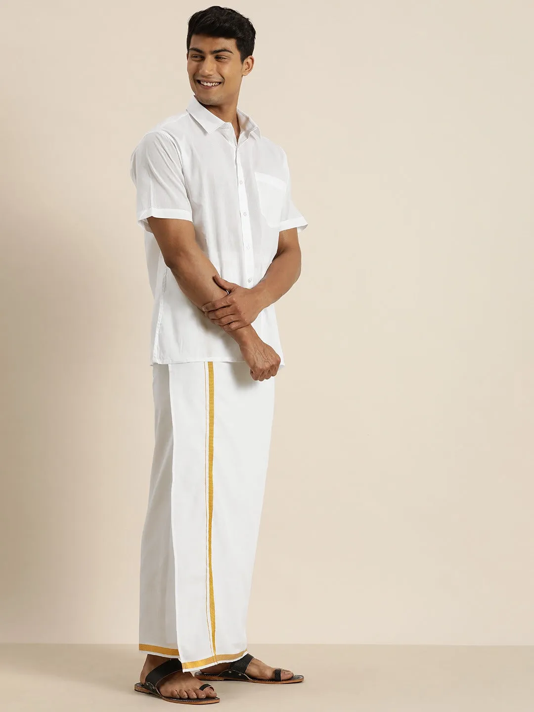 VASTRAMAY Men's White Cotton Shirt With Mundu Set