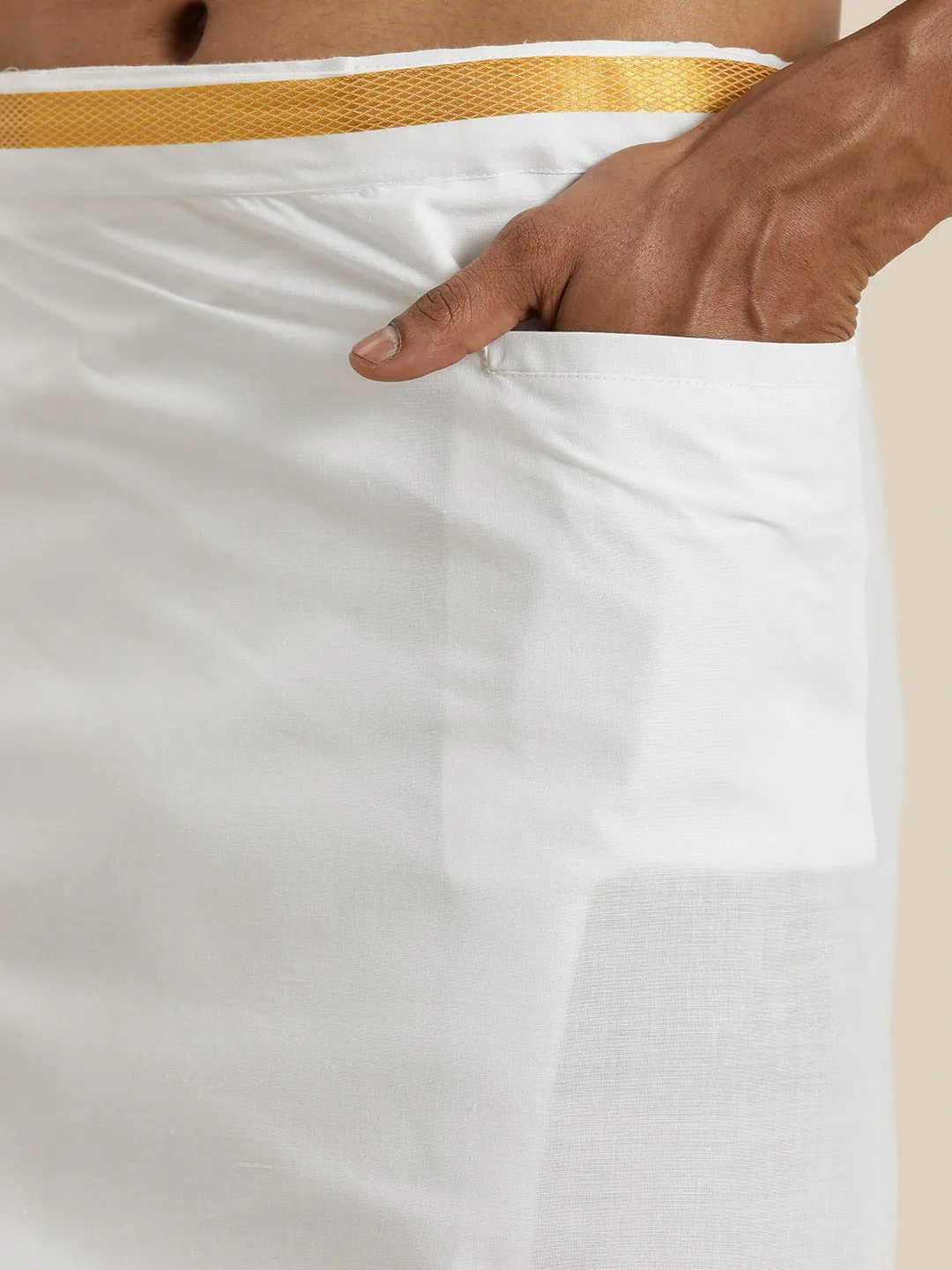 VASTRAMAY Men's White Cotton Shirt With Mundu Set