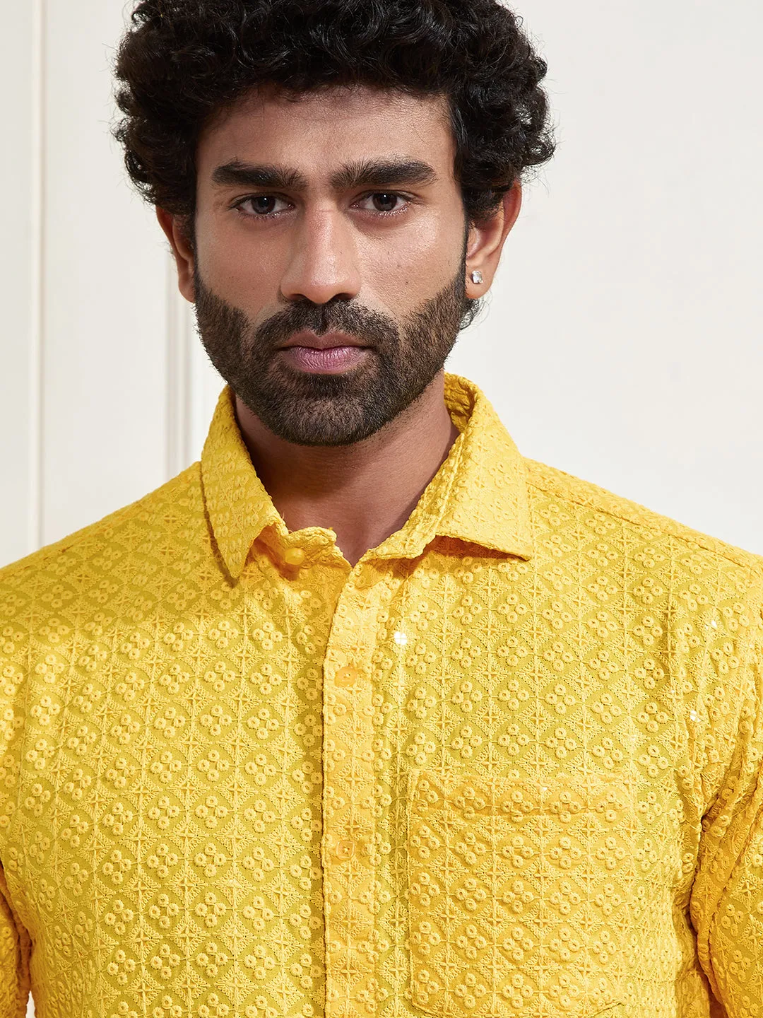 VASTRAMAY Men's Yellow Rayon Ethnic Shirt And Mundu Set