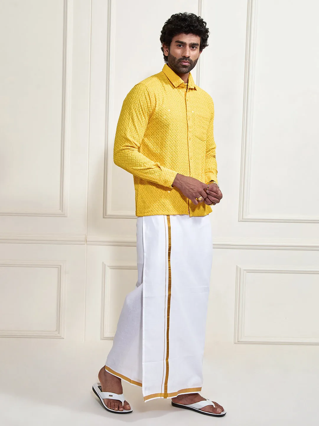 VASTRAMAY Men's Yellow Rayon Ethnic Shirt And Mundu Set