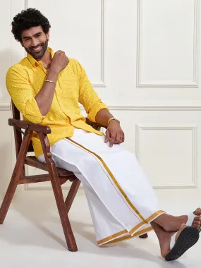 VASTRAMAY Men's Yellow Rayon Ethnic Shirt And Mundu Set