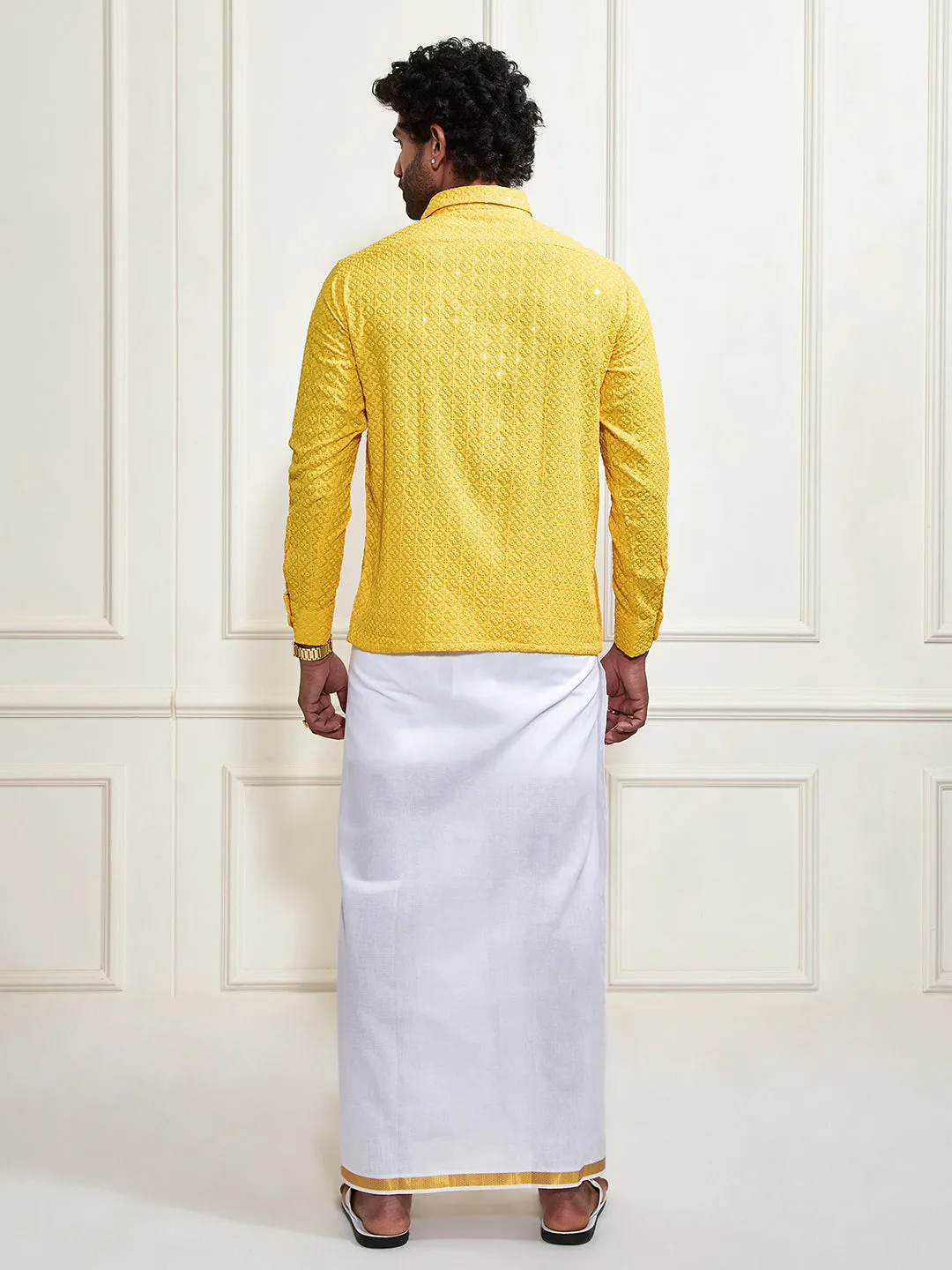 VASTRAMAY Men's Yellow Rayon Ethnic Shirt And Mundu Set