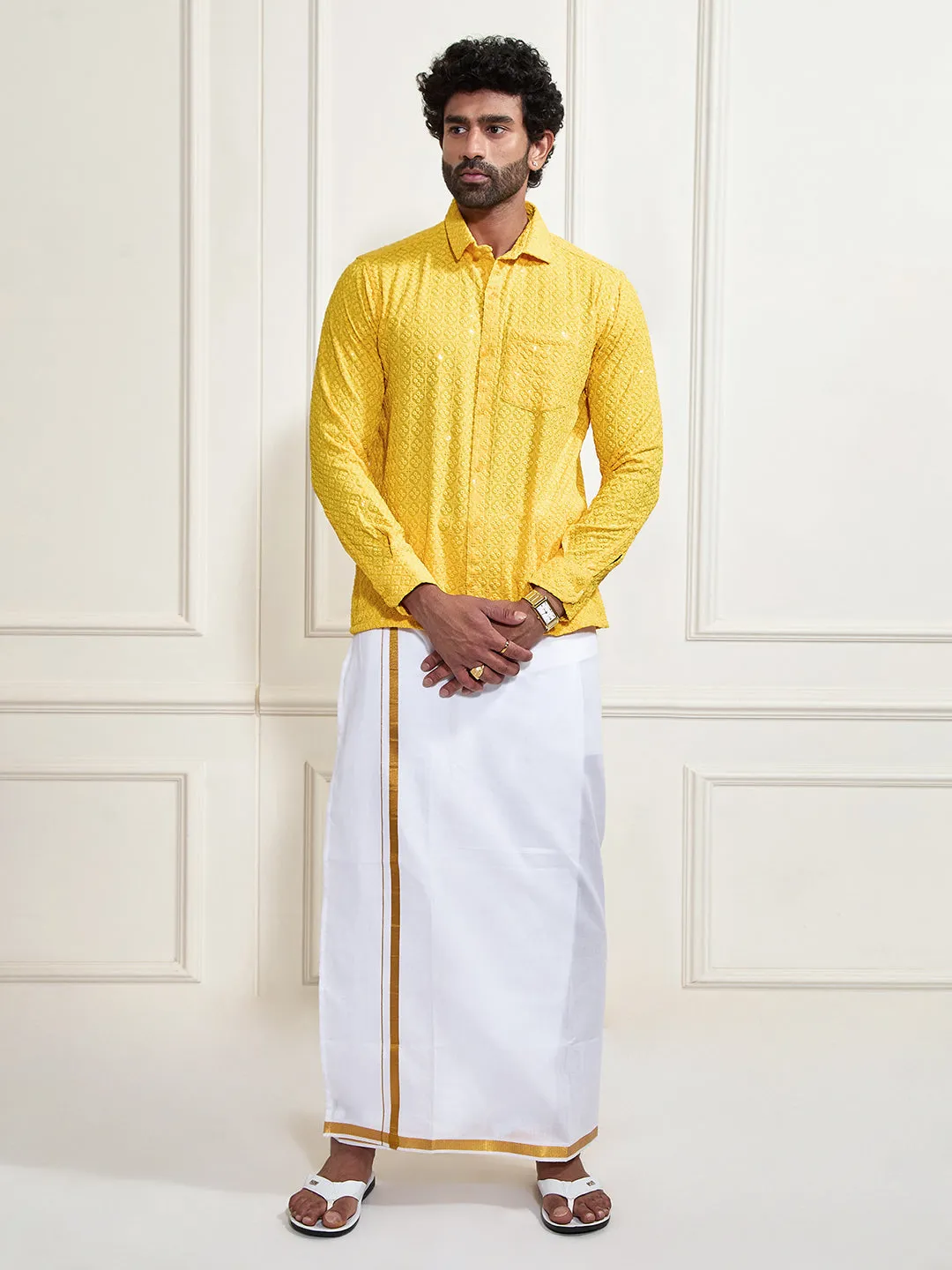 VASTRAMAY Men's Yellow Rayon Ethnic Shirt And Mundu Set