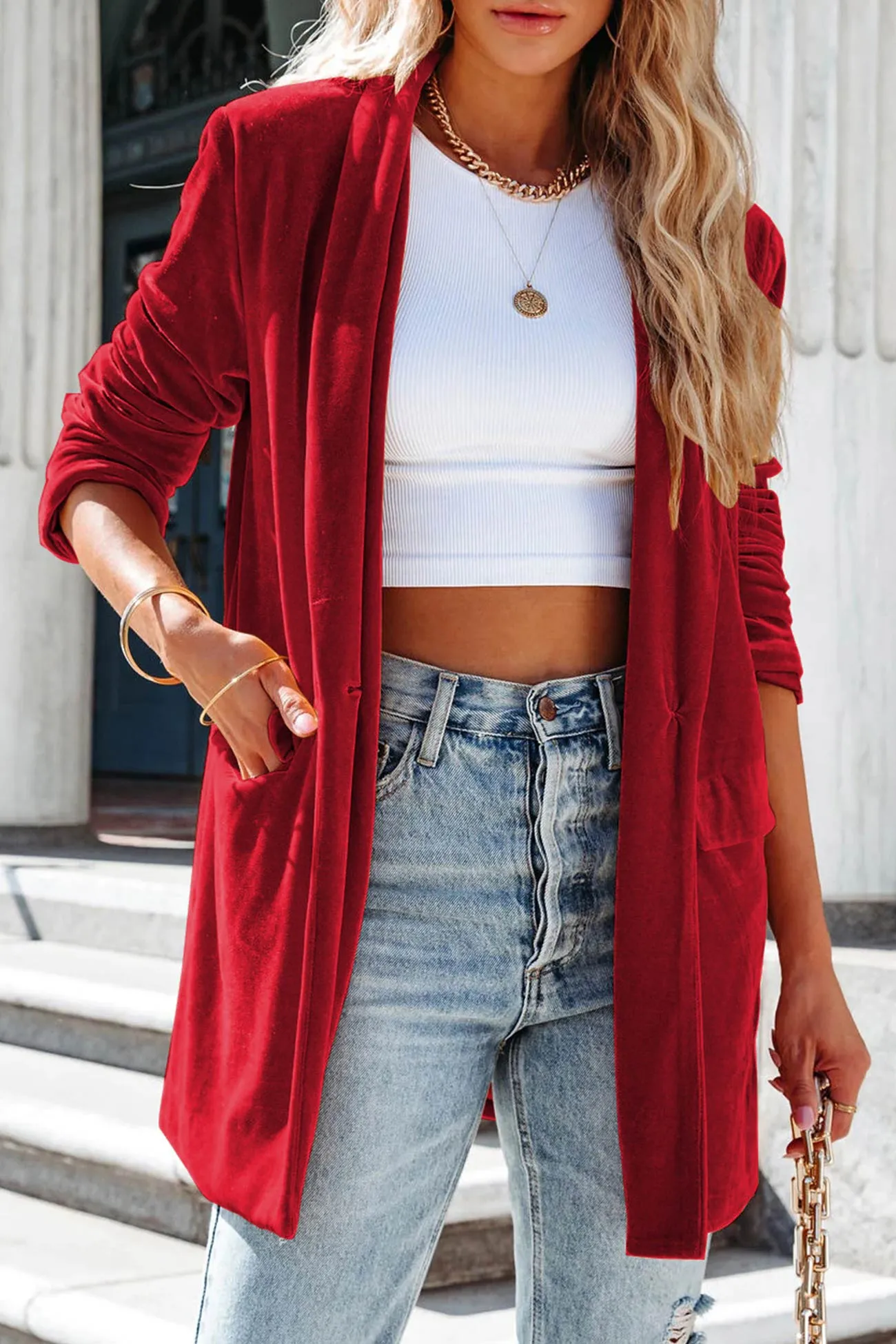 Velvet Solid Pocketed Mid-length Coat