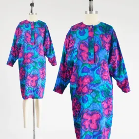 Vintage 80s Watercolor Floral Dress Silk Satin Shift Dress Blue Purple size XS S