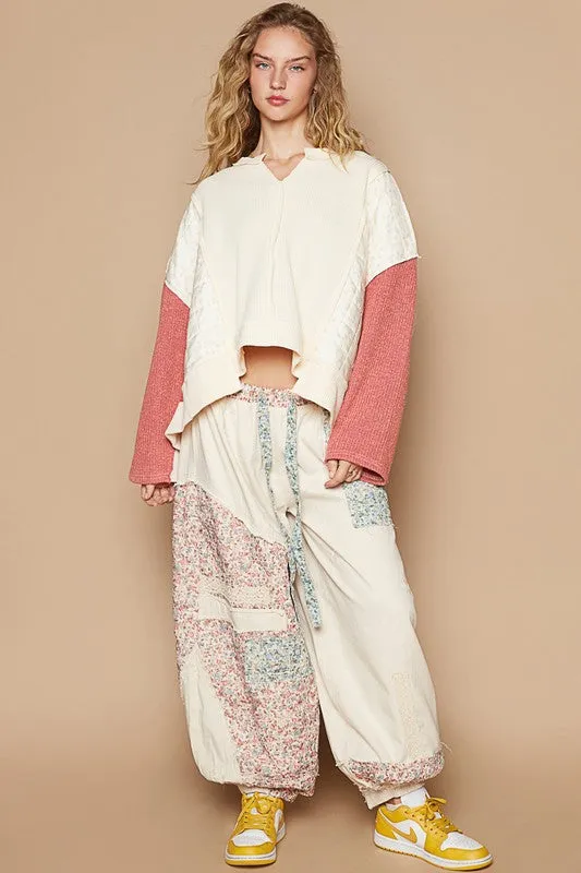 Waffle-Knit Notched Knit Top