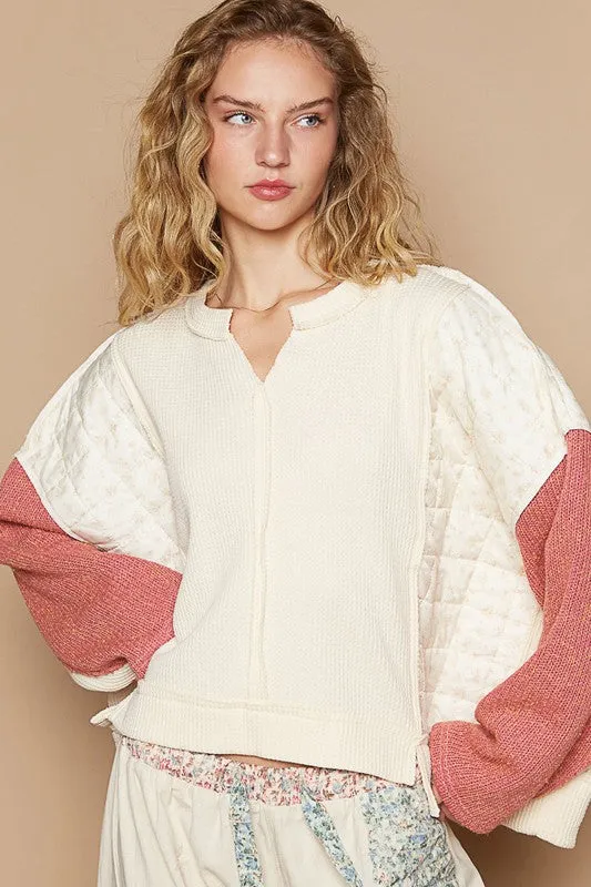 Waffle-Knit Notched Knit Top