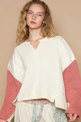 Waffle-Knit Notched Knit Top