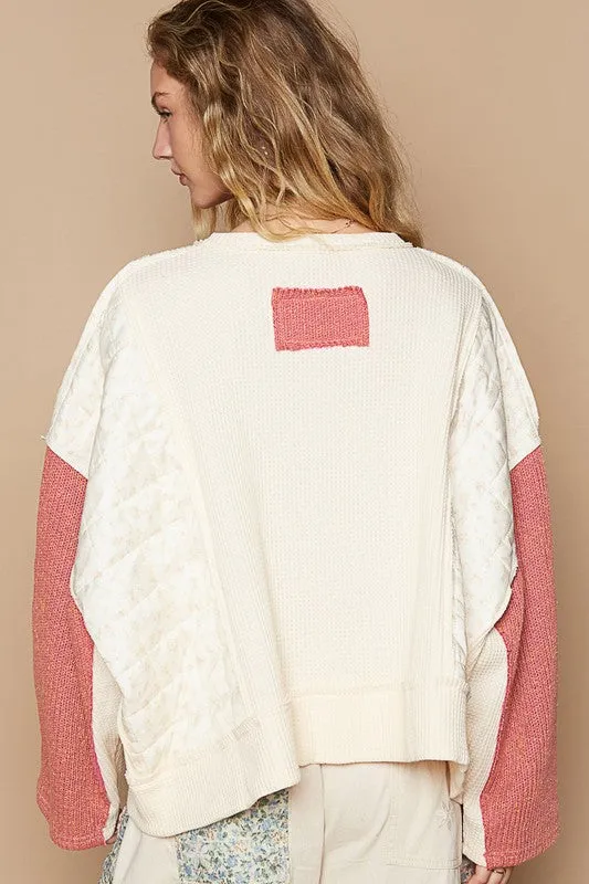 Waffle-Knit Notched Knit Top