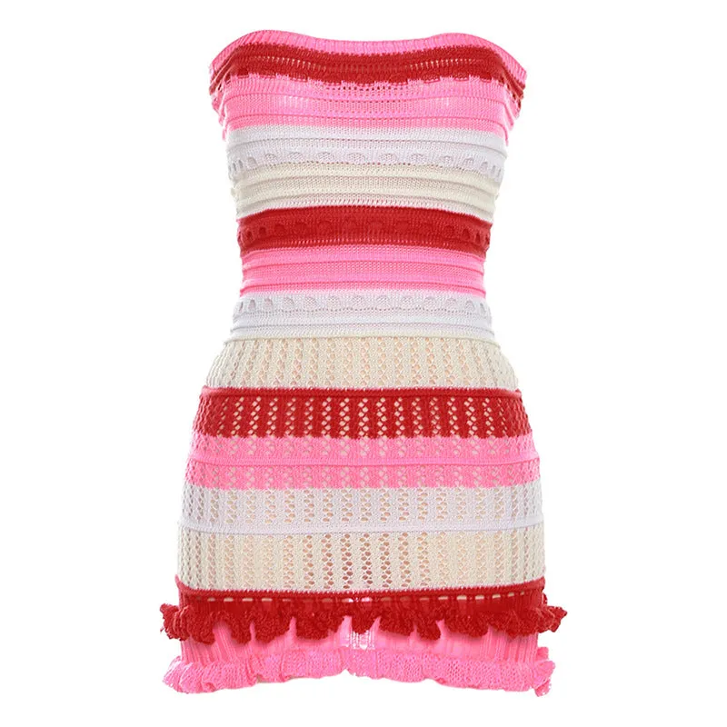 Waist-Hugging Color-Block Knit Strapless Dress