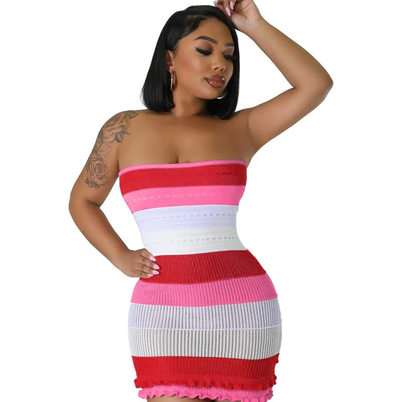 Waist-Hugging Color-Block Knit Strapless Dress