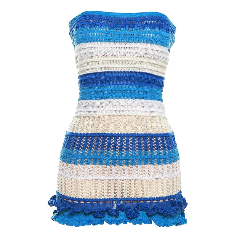 Waist-Hugging Color-Block Knit Strapless Dress