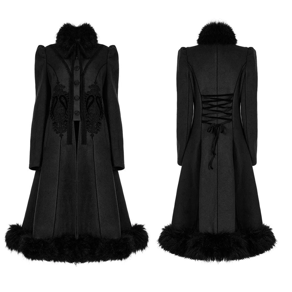 Women's Gothic Applique Single-breasted Faux Wool Maxi Coat