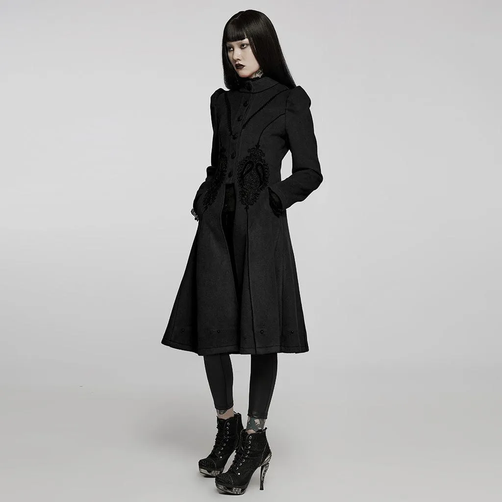 Women's Gothic Applique Single-breasted Faux Wool Maxi Coat
