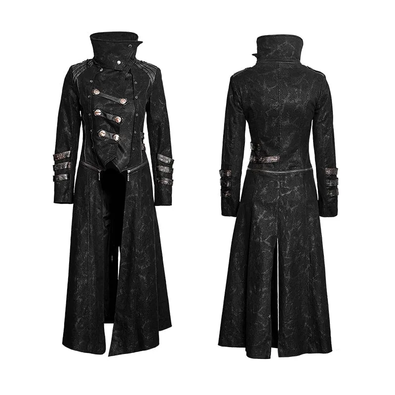 Women's Gothic Black Stretch Twill Fabric Chef Faux Leather Coat