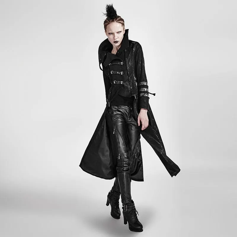 Women's Gothic Black Stretch Twill Fabric Chef Faux Leather Coat