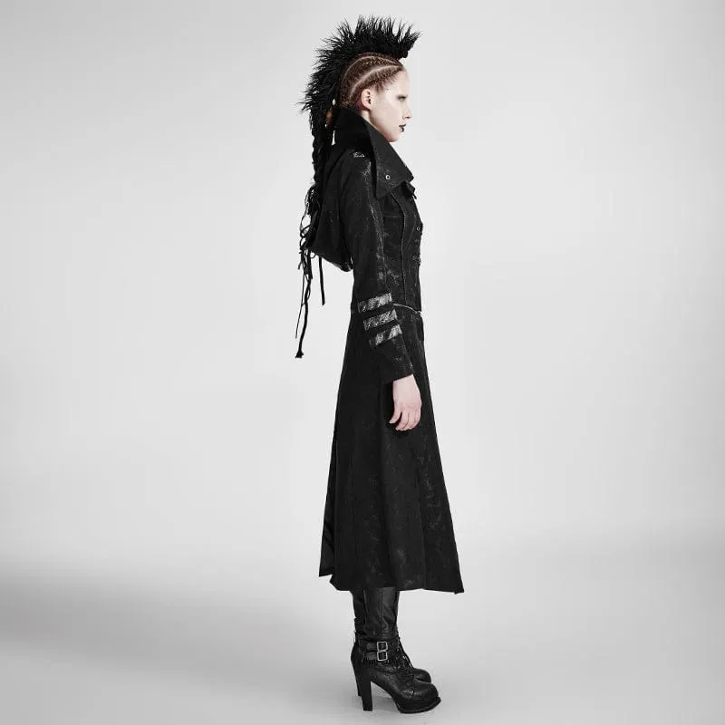 Women's Gothic Black Stretch Twill Fabric Chef Faux Leather Coat