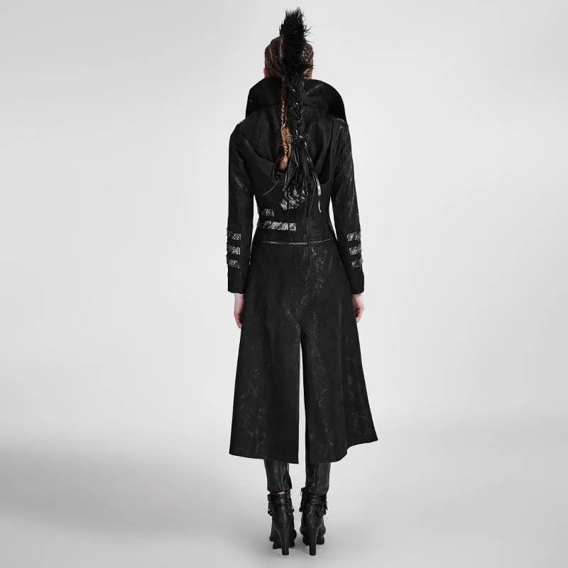 Women's Gothic Black Stretch Twill Fabric Chef Faux Leather Coat
