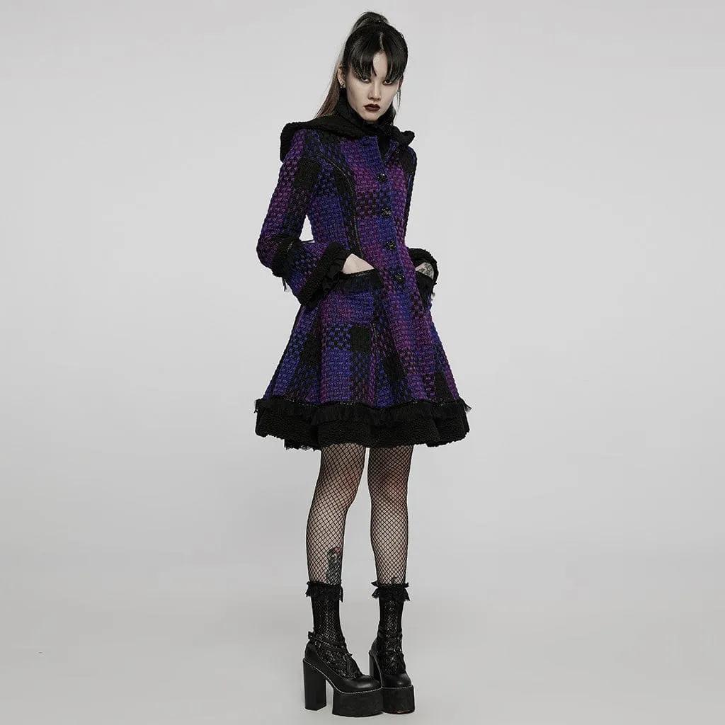Women's Gothic Contrast Color Flare Sleeved Winter Coat with Hood