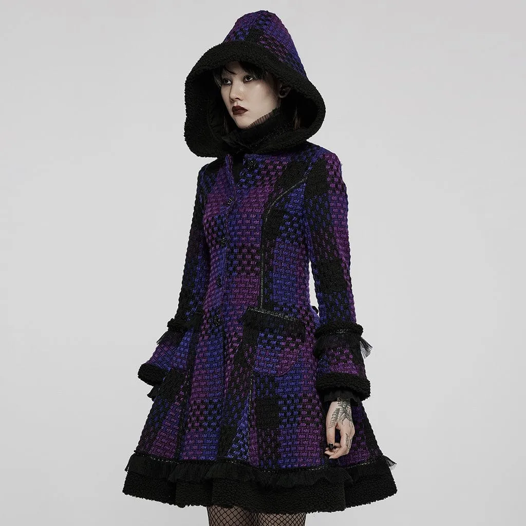 Women's Gothic Contrast Color Flare Sleeved Winter Coat with Hood