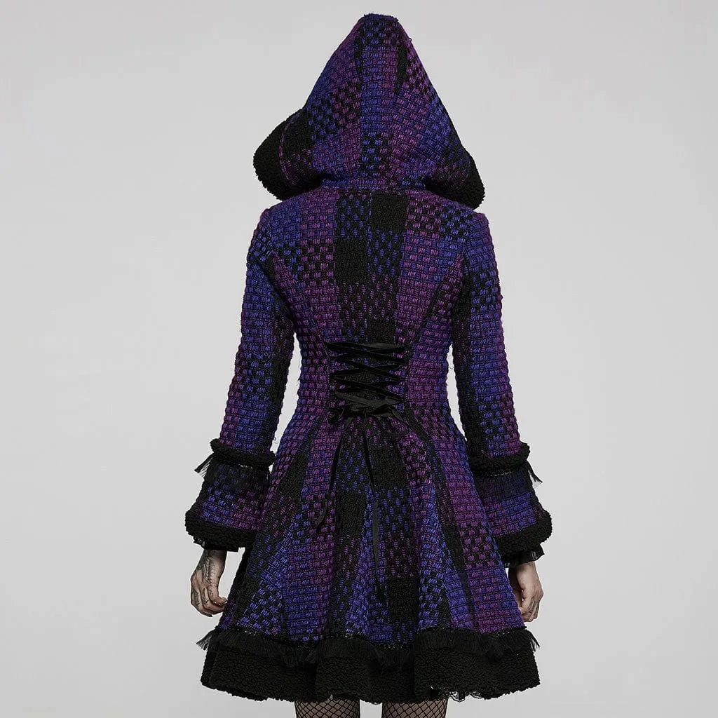 Women's Gothic Contrast Color Flare Sleeved Winter Coat with Hood