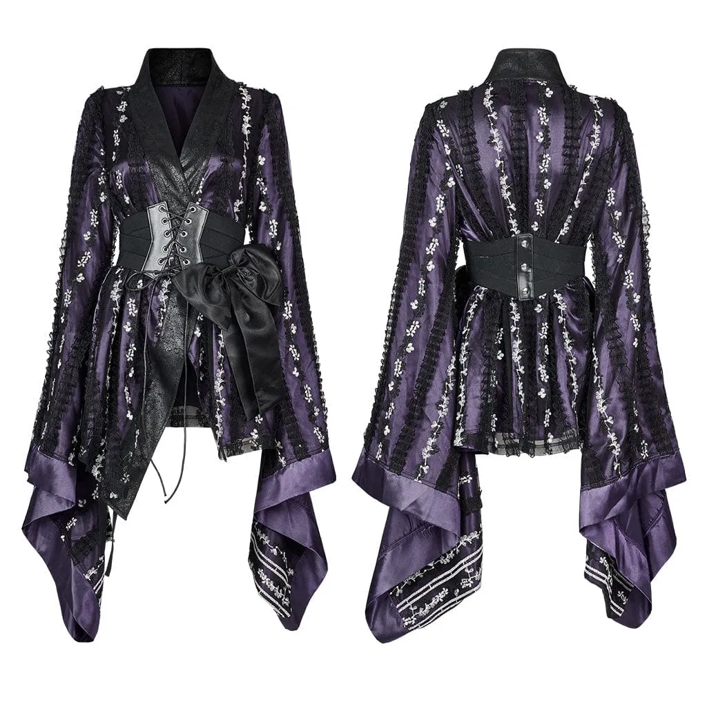 Women's Gothic Floral Lace Kimono Coat Purple With Belt