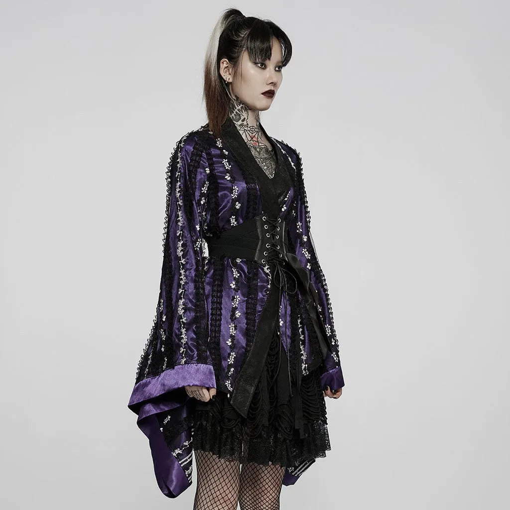 Women's Gothic Floral Lace Kimono Coat Purple With Belt