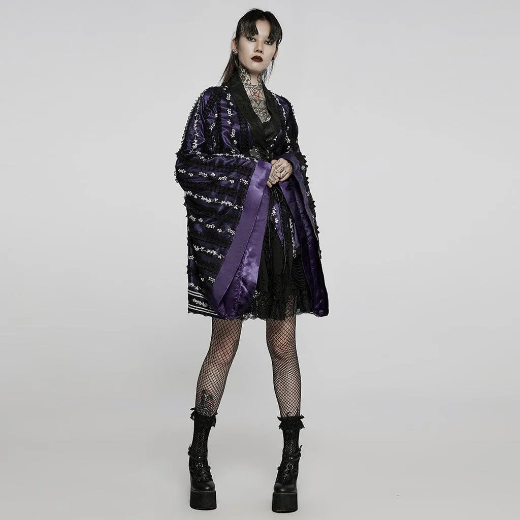 Women's Gothic Floral Lace Kimono Coat Purple With Belt
