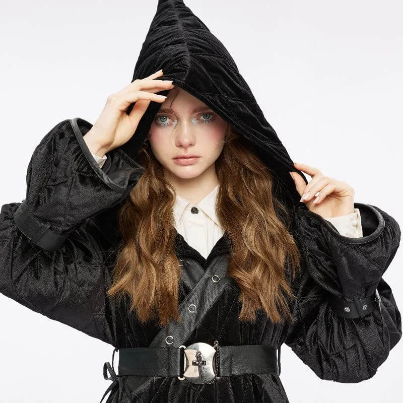 Women's Gothic Plunging Coat with Detachable Hood&Belt