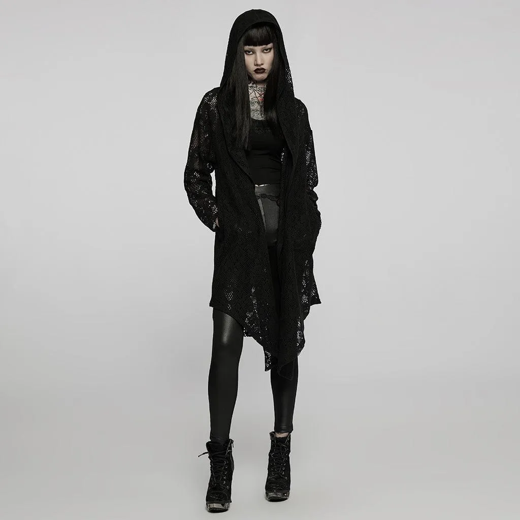 Women's Gothic Sheer Floral Mesh Long Coat with Hood