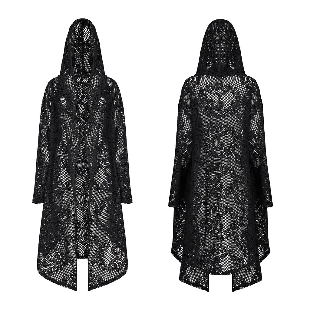 Women's Gothic Sheer Floral Mesh Long Coat with Hood