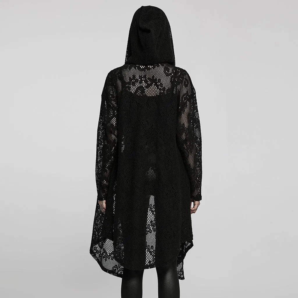 Women's Gothic Sheer Floral Mesh Long Coat with Hood