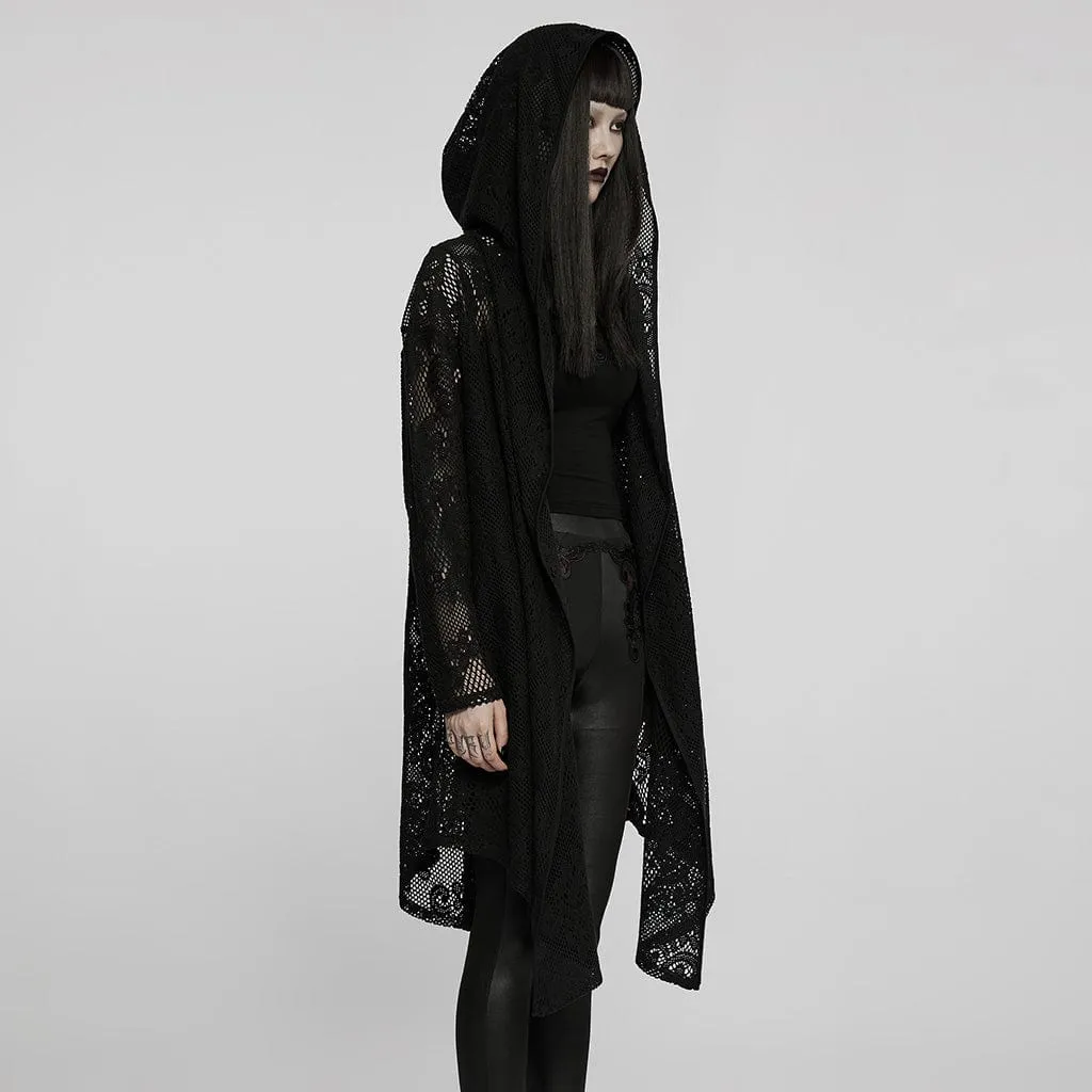 Women's Gothic Sheer Floral Mesh Long Coat with Hood