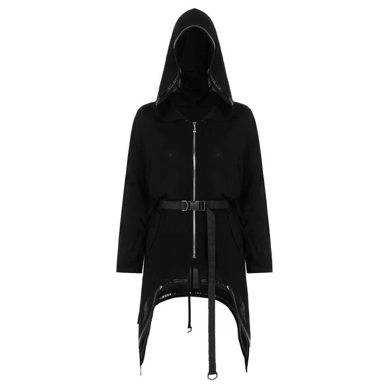 Women's Gothic Zipper Fly Irregular Hem Hooded Coats With Buckle Belt