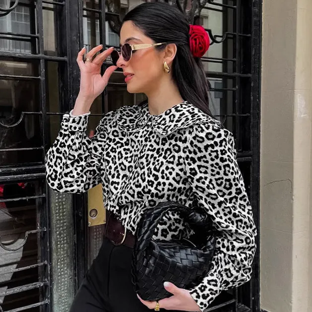 Women's Leopard Print Cotton Turn-Down Collar Shirt