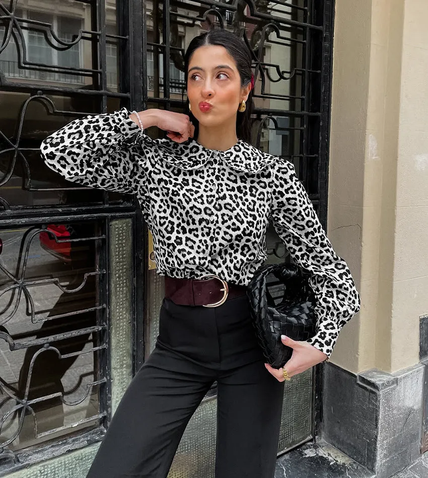 Women's Leopard Print Cotton Turn-Down Collar Shirt