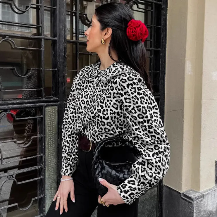 Women's Leopard Print Cotton Turn-Down Collar Shirt