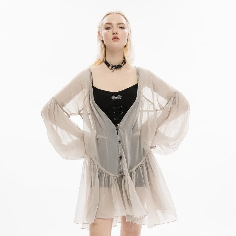 Women's Pastel Gothic Puff Sleeved Sheer Chiffon Coat