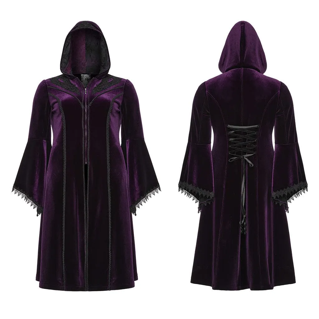 Women's Plus Size Gothic Flared Sleeved Velvet Coat with Hood