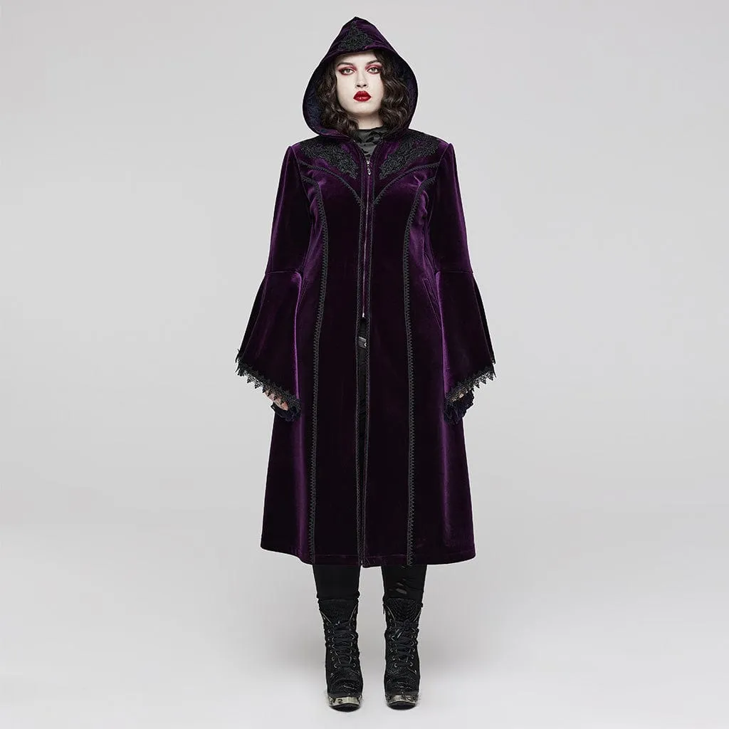 Women's Plus Size Gothic Flared Sleeved Velvet Coat with Hood