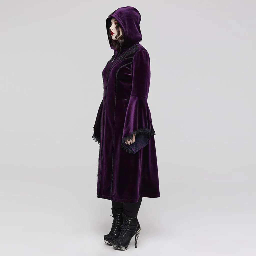 Women's Plus Size Gothic Flared Sleeved Velvet Coat with Hood