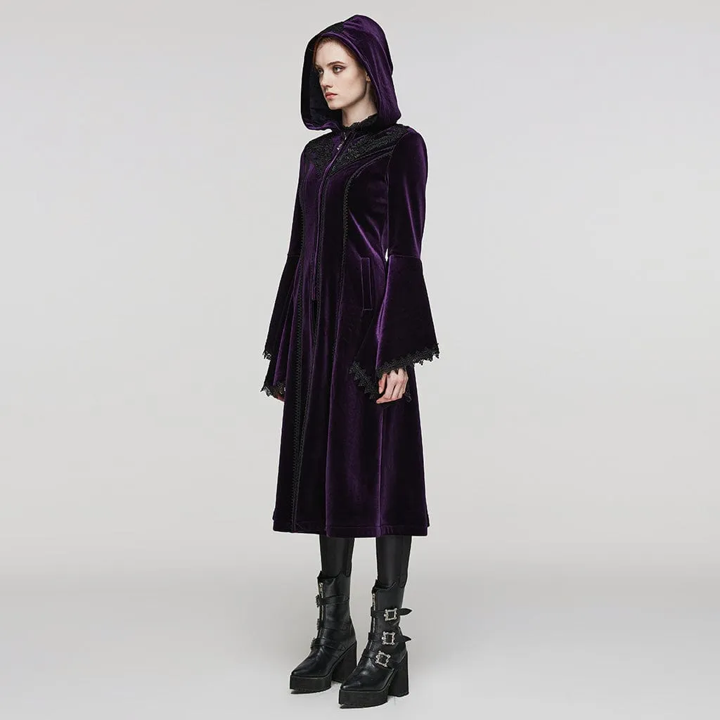 Women's Plus Size Gothic Flared Sleeved Velvet Coat with Hood