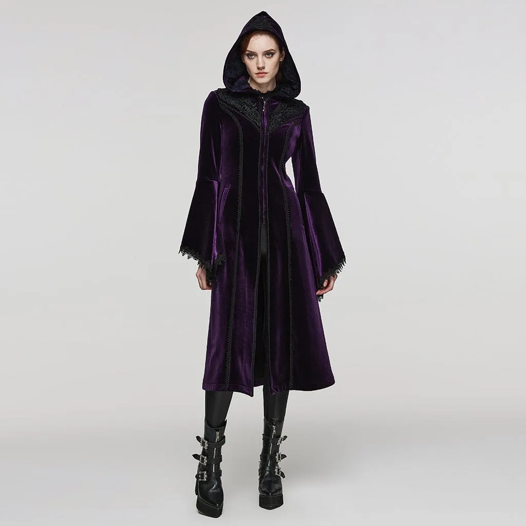 Women's Plus Size Gothic Flared Sleeved Velvet Coat with Hood