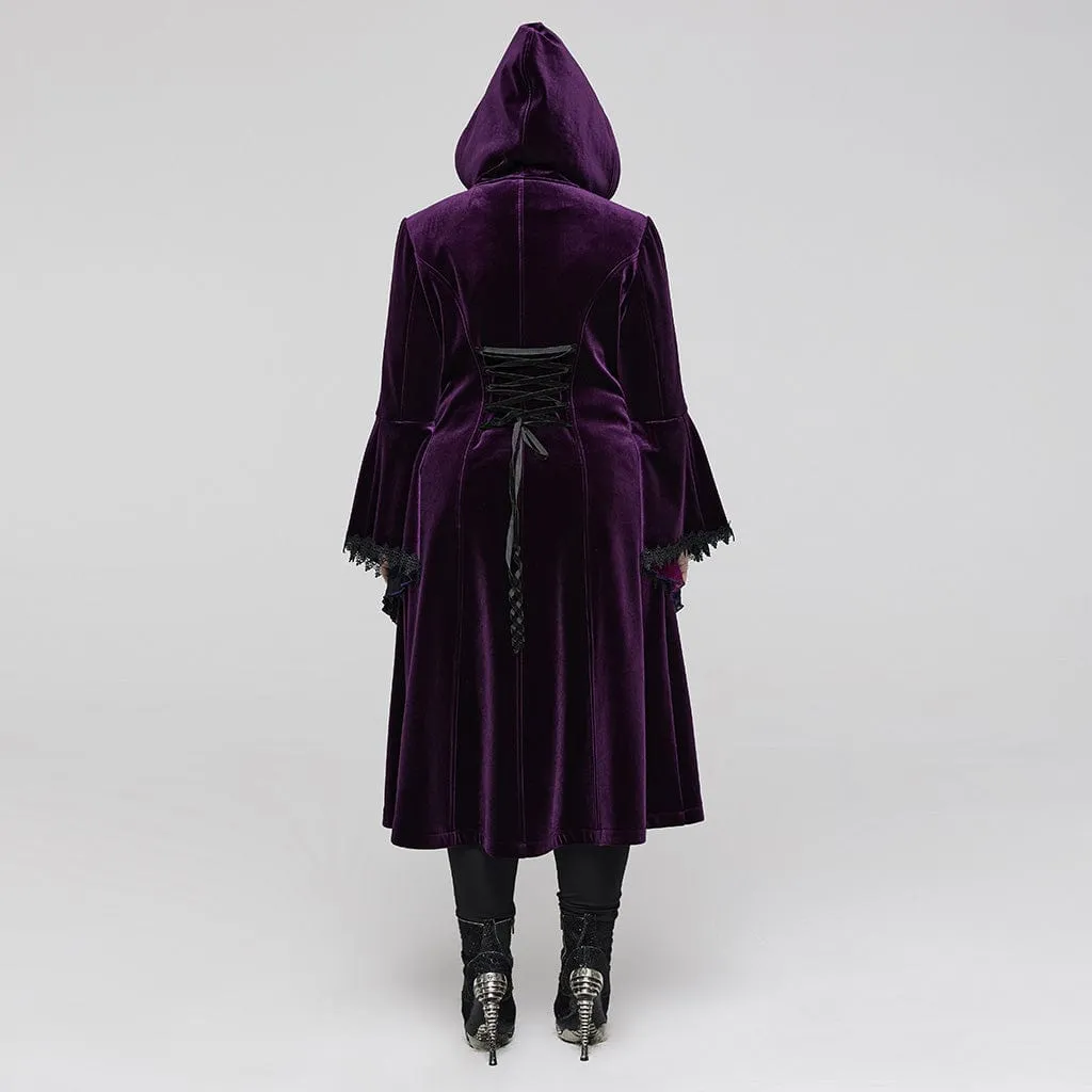 Women's Plus Size Gothic Flared Sleeved Velvet Coat with Hood