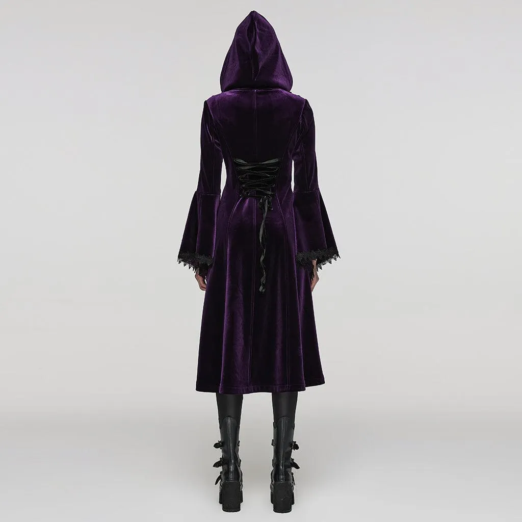 Women's Plus Size Gothic Flared Sleeved Velvet Coat with Hood