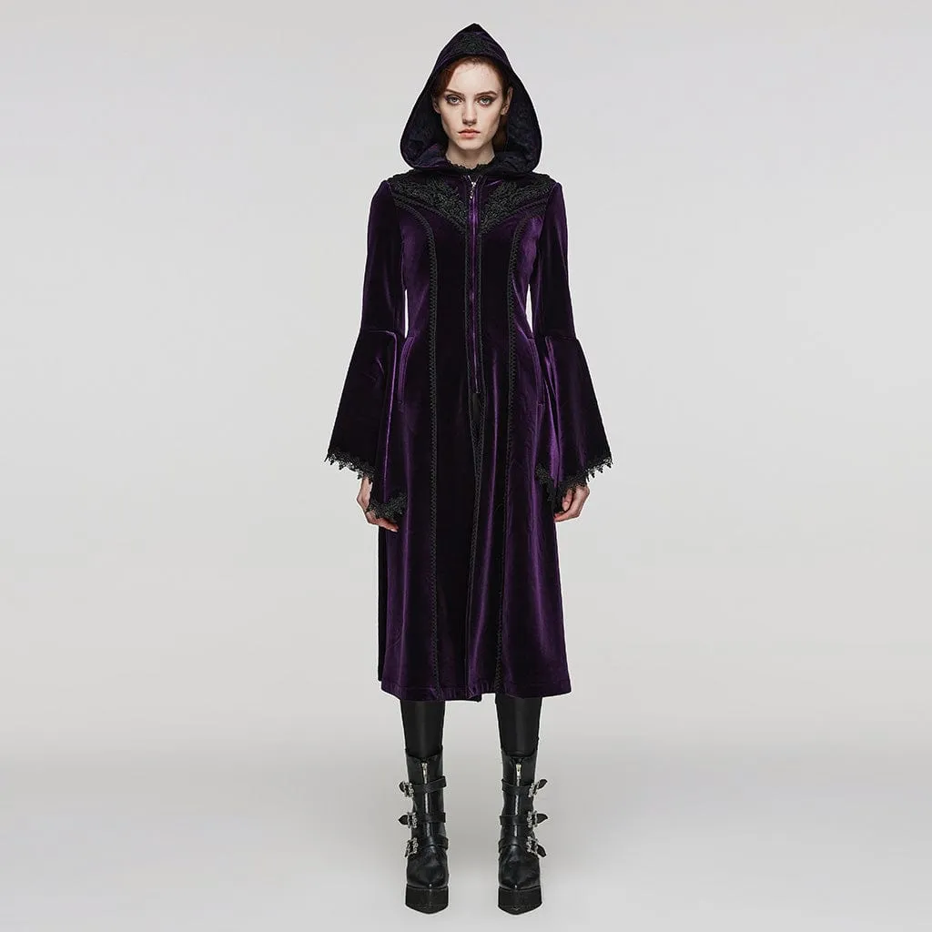 Women's Plus Size Gothic Flared Sleeved Velvet Coat with Hood